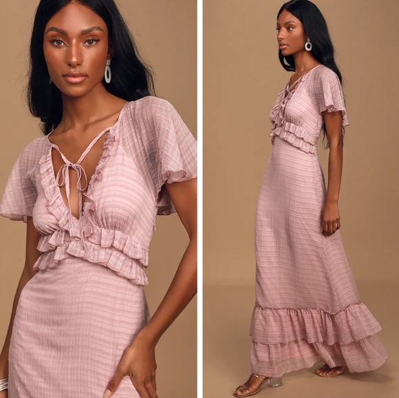 Lulus Dress Sweetest Delight Plaid Ruffle Short Sleeve Maxi Dress Pink Large - Picture 3 of 8